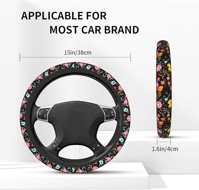 Wildflower Car Steering Wheel Cover 15 Inch Wildflower Steering Wheel Cover Anti-Slip Breathable Universal 2 Pcs Car Interior Cup Holder Pad for Men Women Multicolor Flowers