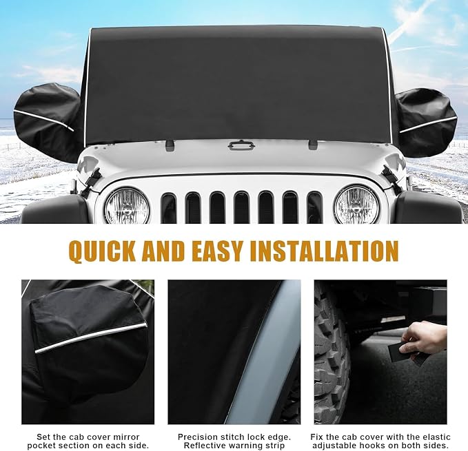 600D Cab Cover Windproof Sunshade Cover Compatible with 2007-2026 Jeep Wrangler JK JL 4 Door, 6-Layer Protection Frost Wiper & Mirror Covers Protect from Sunshine, UV, Snow, Rain