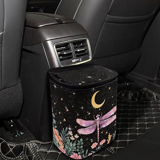 Dragonfly Flower Moon Print Car Trash Can with Lid, Leak Proof Auto Trash Bag Hanging Vehicle Garbage Can Multipurpose Storage Container for Back Seat Road Trip