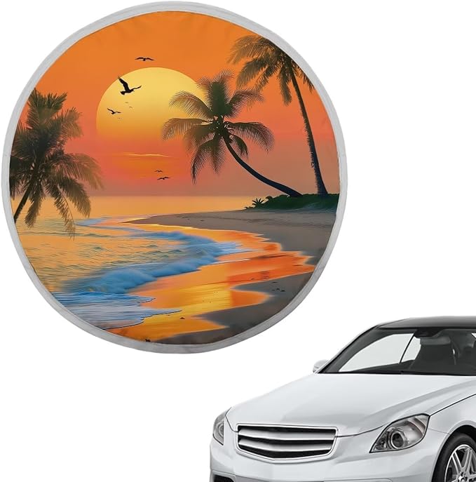 Beach Sunset Palm Tree Steering Wheel Cover Sunshade Sun Shade for UV Protection Easy Installation Auto Interior Protector Reflect UV Sun and Heat and Protect Your Car