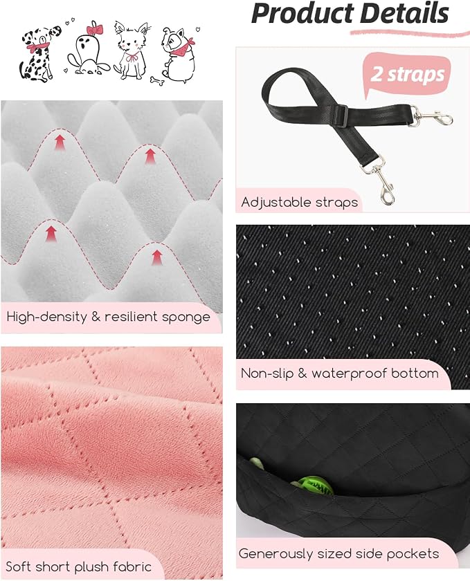 Dog Booster Car Seat for Small/Medium Dogs,Puppy Portable Car Bed with Elevated Cushion,Fully Detachable and Washable,2 Storage Pockets,Easy to Install (Black/Pink, Medium)