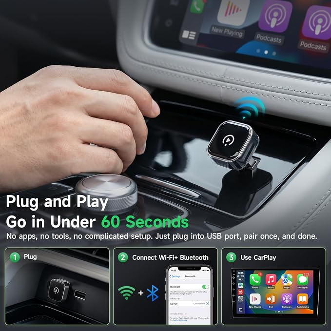 Wireless CarPlay Adapter for iPhone, Auto Connect Smartphone to Car, Plug & Play Dongle for Daily Commuters, 2026 Upgrade Converts Wired to Wireless, No Delay for Navigation & Music