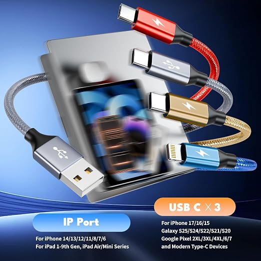 Multi Charging Cable,3 Type-C Multiple Charger Cable Nylon Braided 4 in 1 Multi USB Cable Charging Cord with IP/Type C Ports for Cell Phones/iPhone/Tablets/Galaxy & More-1Pack 5Ft.