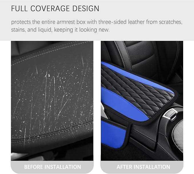 Patchwork Leather Center Console Covers for Cars,Upgraded Arm Rest Cover for Car with Side Storage Pocket for Car Seat Organizer,Middle Console Cover Stylish Car Decoration (Blue)