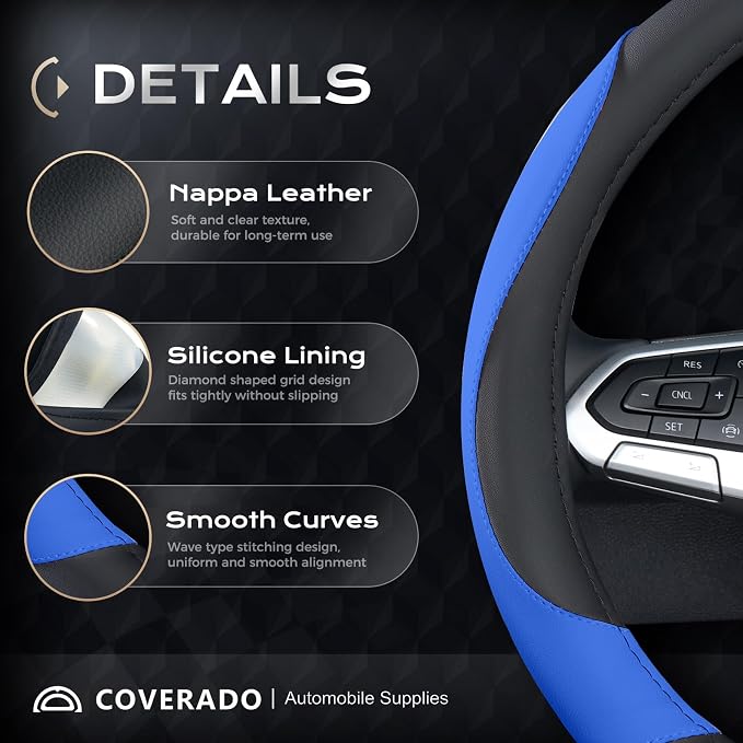 Coverado Car Steering Wheel Cover, Nappa Leather Black & Blue Steering Wheel Covers for Women, Universal 14-15 inch, Anti-Slip, Breathable Steering Wheel Protector