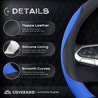 Coverado Car Steering Wheel Cover, Nappa Leather Black & Blue Steering Wheel Covers for Women, Universal 14-15 inch, Anti-Slip, Breathable Steering Wheel Protector