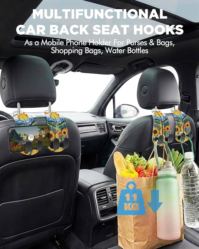 Purse Holder for Car, 2 Pack Heavy Duty Purse Hanger for Car, PU Leather Car Seat Hooks for Purses and Bags, Cute Sunflower Headrest Organizer for Handbags & Backpacks