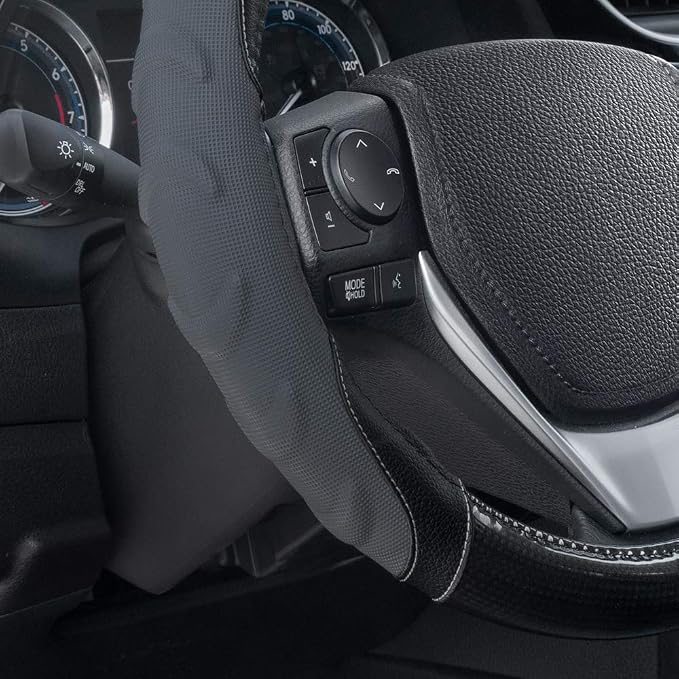 GripPlus Black Carbon Fiber Steering Wheel Cover, Standard 15 inch Size, Advanced Traction Grip, Car Steering Wheel Cover for Truck Van SUV Auto