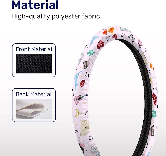 Pastel Music Icon Steering Wheel Cover, Polyester Non-Slip Car Wheel Grip, Universal 15 Inch Auto Accessory