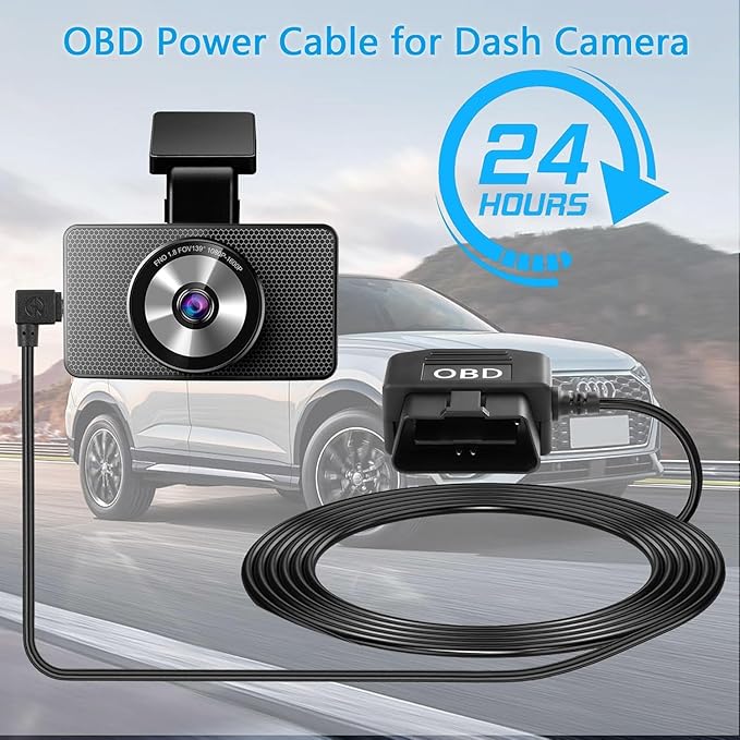 Dash Cam OBD Hardwire Kit, Micro USB Hardwire Kit with OBD Power Cable for Dashcam 12-24V to 5V/3A with Low Voltage Protection 24h Parking Surveillance/Acc Mode for Dashcam, GPS or Radar