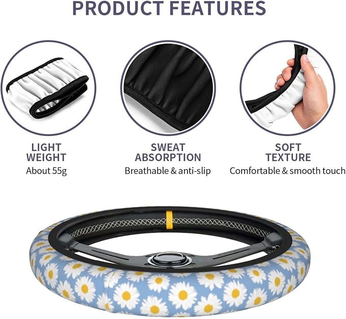Daisy Flower Steering Wheel Cover Anti-Slip and Practical 14.5-15 Inch Universal Car Steering Wheel Cover with 2 Pieces Car Coasters Suitable for Men Women