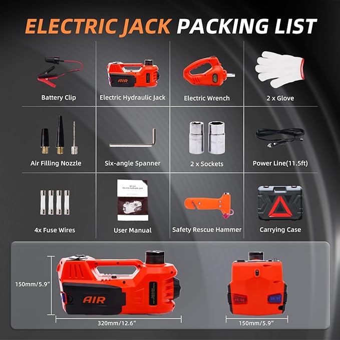 Electric Car Jack Kit 5 Ton 12V Hydraulic Jack Floor Jack with Impact Wrench and Tire Inflator Pump Lift with LED Light for SUV Sedan Truck Road Emergency Tire Change