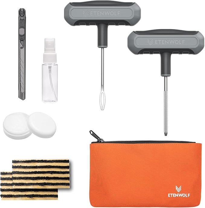 Flat Tire Repair Kit with Plugs 16 Pcs, Heavy Duty Tire Plug Kit for Car, Motorcycle, ATV, Jeep, Truck, Tractor (Grey)