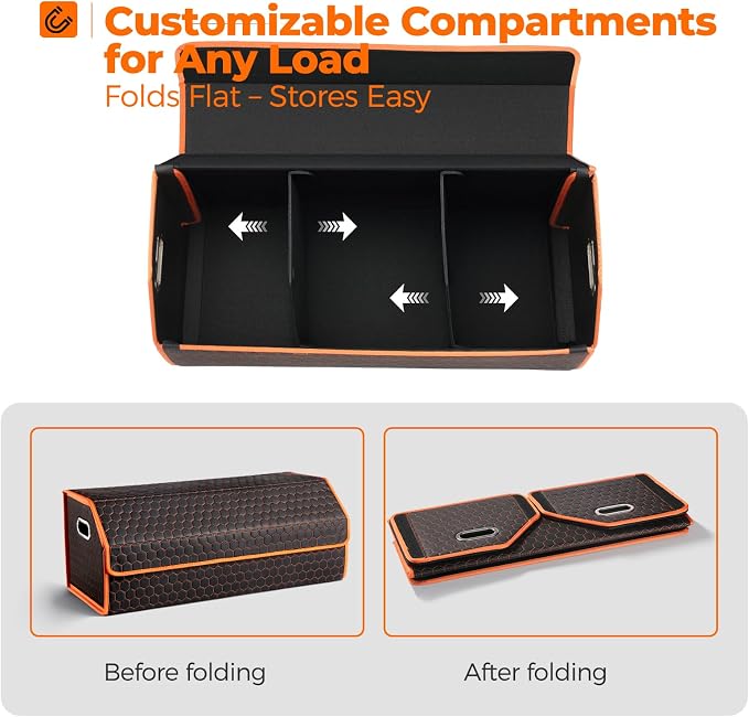 Car Trunk Organizer for SUV and Sedan, Orange-Honeycomb, 29.5 in | Honeycomb Textured Exterior, Extra‑Large, Premium Leather, Magnetic Lid, Collapsible & Adjustable, Water‑Resist & Dust‑Proof