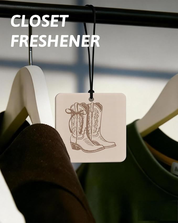 Boho Beige Western Orange Car Air Freshener 4 Pcs, Preppy Cow Skull Cactus Cowgirls Boots Square Hanging Air Freshener for Closet Drawer Books, Western Car Accessories Mirror Decor for Women