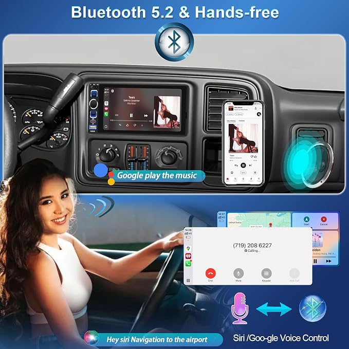 Single DIN Car Stereo Radio with Wireless Apple CarPlay & Android Auto, 6.8" IPS 1280x600 Touchscreen, Car Bluetooth 5.2, FM Radio, Backup Camera, Dual USB, EQ Audio, 180W Subwoofer Car Audio Receiver