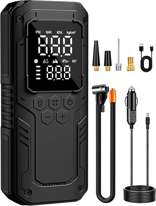 Tire Inflator Portable Air Compressor, 5X Faster Air Pump for Car Tires with Powerful Battery, 12V DC & Autostop, 150PSI Cordless Tire Pump for Car, Motorcycle, Bike, Balls