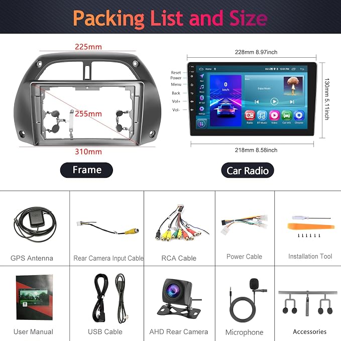 Android 15 Car Radio for Toyota RAV4 2001 2002 2003 2004 2005 2006 Car Stereo with Wireless CarPlay Android Auto 9'' 1080P HD Touch Screen 5G WiFi Bluetooth 26UIs FM/RDS GPS MirrorLink Backup Camera