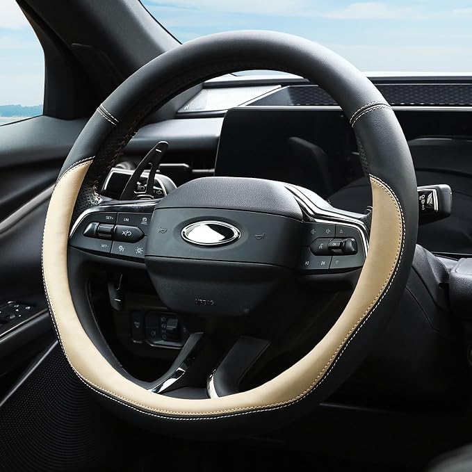 Microfiber Leather Steering Wheel Cover Large-Size for F150 F250 F350 Ram 4Runner Tacoma Tundra Range Rover Model S X with 15 1/2 inches-16 inches Outer Diameter Beige