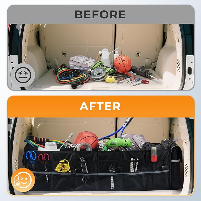 4 in 1 Car Trunk Storage Organizer with Leakproof Cooler Bag, Made of 1680D Oxford and PP board, Multi-Compartment Foldable Trunk Storage Box for Car Truck SUV