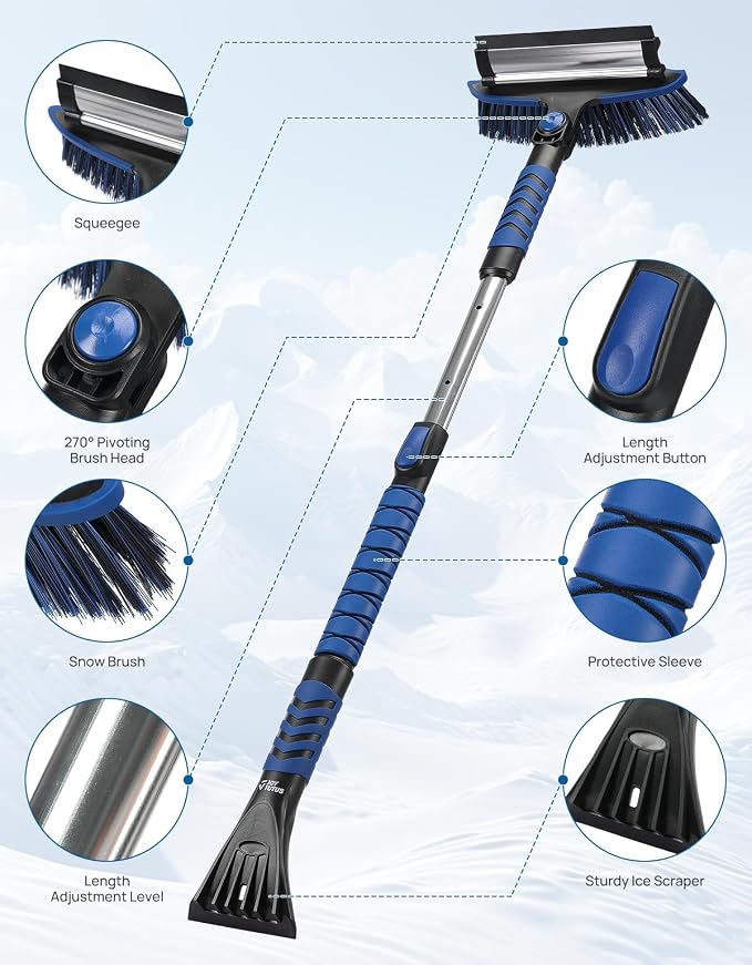 41.5″ Extendable Snow Brush and Ice Scraper, 270°Pivoting Snow Scraper Brush for Car Windshield, Telescoping Ice Scraper, Foam Grip, Heavy Duty Snow Remover for Cars, Trucks, SUV (Blue)