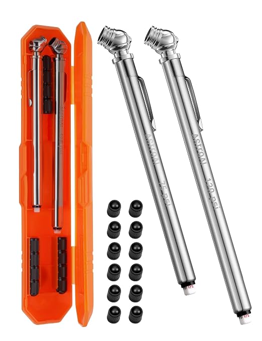 Pencil Tire Pressure Gauge 2 Pack (10-75PSI, 10-120PSI ±2% Span), Valve Caps with Case, Stainless Steel Body, and Metal Made Nozzle 3 Measurements for Cars, Bikes, Vehicles, Pickups