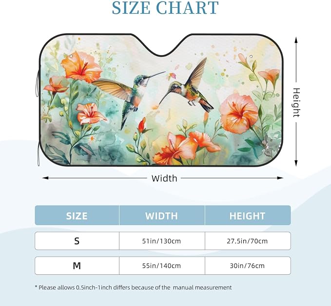 Windshield Sun Shade Hummingbird Flower Watercolor Front Window Sunshade Cover for Car Truck SUV Blocks UV Rays Automotive Visor Interior Protector 55 x 30 inch