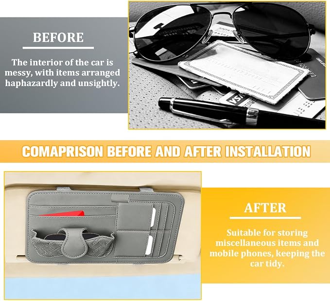 Car Sun Visor Organizer, Multifunctional Visor Storage Pouch with Sunglasses Holder & Card Sleeve Pocket, Auto Interior Organizer Pocket Bag for Pens Cards Documents, Universal Fit (Gray)