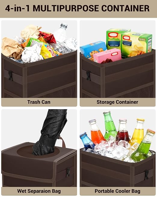 Car Trash Can with Lid, Leakproof Car Trash Bag Hanging Waterproof Automotive Garbage Can with Storage Pockets Mini Vehicle Trash Bin for Back/Front Seat(Brown,2.5 Gallon)