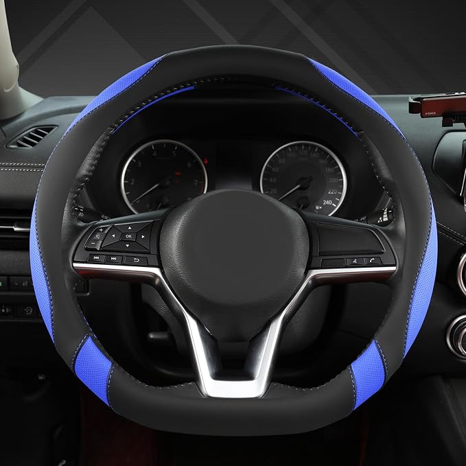 Flat Bottom Car Steering Wheel Cover for Nissan,D Shaped Steering Wheel Cover for Rogue,Altima,Kicks (Black+Blue-Standard Size)