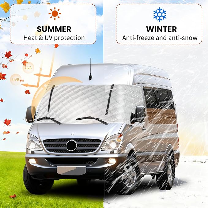 RV Windshield Window Snow Cover for Class B Dodge Mercedes Sprinter (2006-2015) for Front Window Sunshade Accessories with Mirror Cutouts, Zipper Opening rv windshield cover Silver