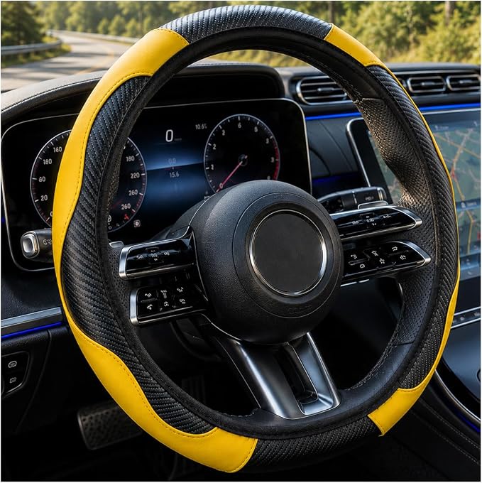 Car Steering Wheel Cover 15 inch, Microfiber PU Leather Elastic Steering Wheel Protector, Anti-Slip Breathable Car Interior Accessories for Most Cars (Yellow)