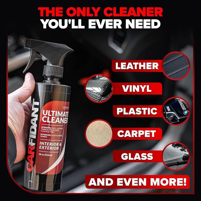 Car Interior Cleaner – Stain Remover & Odor Eliminator – No Residue Finish – Safe on Leather, Fabric, Carpet & Plastic – Detailing Spray with Microfiber Towel – 128oz