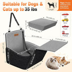 Elevated Dog Car Seat, Dog Booster Car Seats for Small & Medium Breeds Up to 35lbs, Fully Detachable and Washable, Soft Foam Pet Carseat with 2 Storage Pockets & 3 Safety Belts, Black & Gray