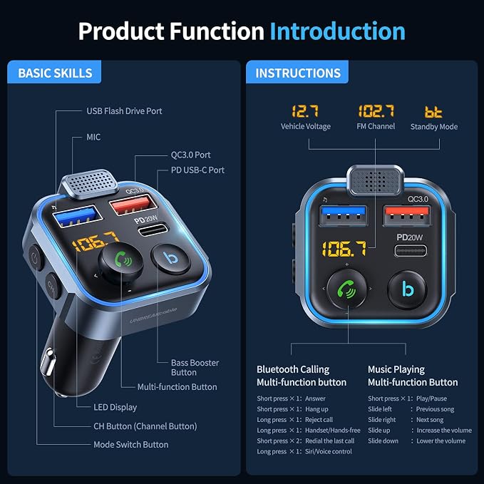 Bluetooth 5.3 FM Transmitter for Car, [PD 20W + QC 3.0] [Stronger Microphone & HiFi Bass Sound] Cigarette Lighter Radio Music Adapter Charger, Supports Hands-Free Siri Google Assistant