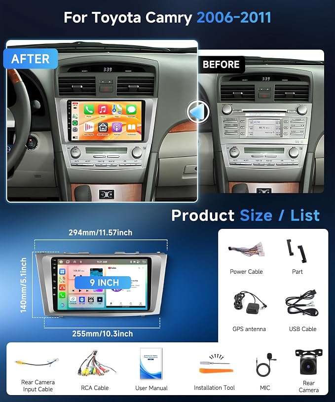 8 Core 6+128G Android 15 Car Stereo for Toyota Camry 2006 2007 2008 2009 2010 2011 Wireless Carplay Android Auto, 9’’ Touchscreen Radio GPS Bluetooth Mirror Link WIFI FM/RDS 32EQ DSP Backup Camera SWC