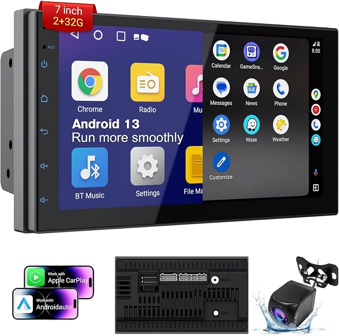 7 Inch Double Din Car Stereo with Wireless Apple CarPlay & Android Auto, 2+32G Android 13 Car Radio, Bluetooth, GPS Navigation, FM AM RDS, IPS Touchscreen, Backup Camera Ready