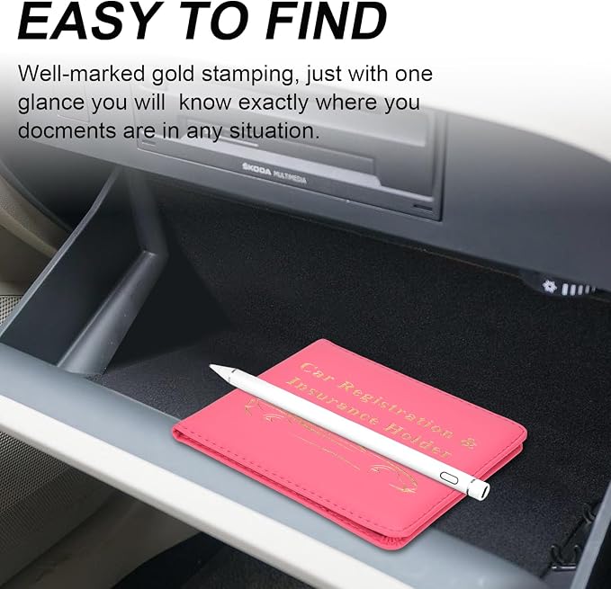 Car Registration and Insurance Holder, Vehicle Glove Box Car Organizer Men Women Wallet Accessories Case for Cards, Essential Document, Driver License, Hot Pink
