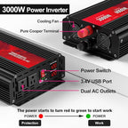 3000W Power Inverter 12V DC to 110V/120V AC, 6000W Peak Car Inverter with 2 AC Outlets, 2.4A USB Port & LCD Display, Portable Backup Power Converter for RV, Truck, Solar, Camping, Off-Grid & Emergency
