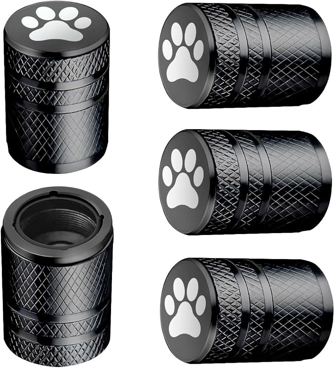 Tire Valve Stem Caps - (5 Pack) Metal Air Caps with Plastic Liner, Corrosion Resistant, Leak-Proof, Dog Cat Paw Universal Stem Covers for Cars Trucks Motorcycles and Bikes - Black