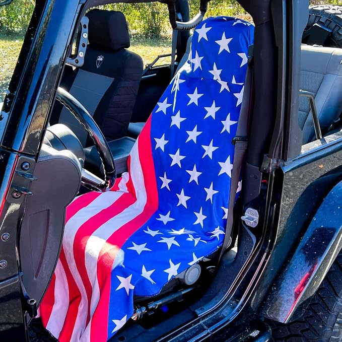 Car Seat Towel Cover – Hooded Moisture-Wicking Microfiber Seat Protector – 30" x 60" – for Runners and Outdoor Enthusiasts – Patriotic