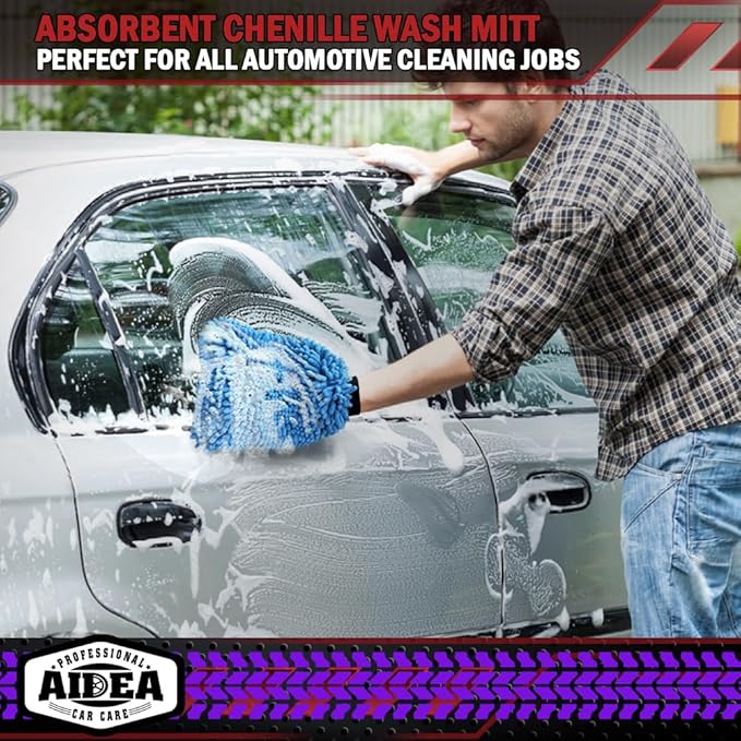 AIDEA Car Wash Mitt Microfiber, 1PK, Car Wash Brush, Blue, 7.12' X10.14'' | Scratch Free Lint-Free Premium Chenille Microfiber Mitt, Cleaning Supplies, Regular Size