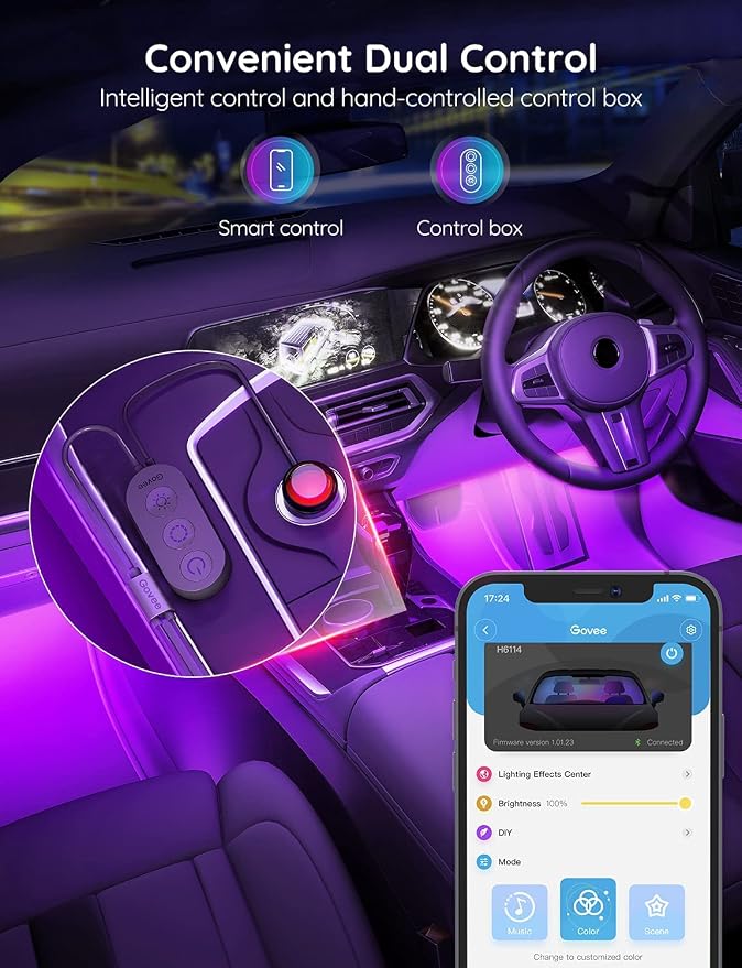 Car LED Lights, RGB Smart Car Interior Lights, App Control | DIY Mode and Music Mode, 2 Lines Design LED Lights for Cars with Car Charger, 12V