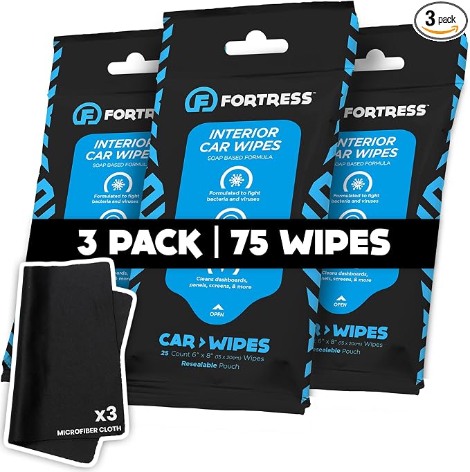 Car Interior Wipes with Microfiber Cloth (25 ct, Pack of 3) for Car Interior Cleaning, Dashboard, Seats, Detailing, and Steering Wheel [Travel Size] Skin-Safe Car Interior Cleaner Supplies