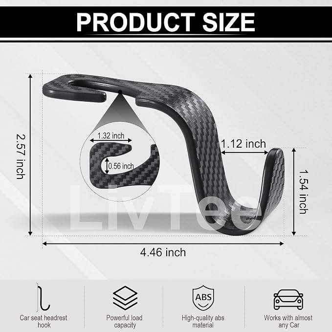 Car Purse Hook, 4 Pack Universal Auto Seat Headrest Hook Hangers Organizer for Coats, Umbrellas, Groceries - Carbon Fiber Black | Universal