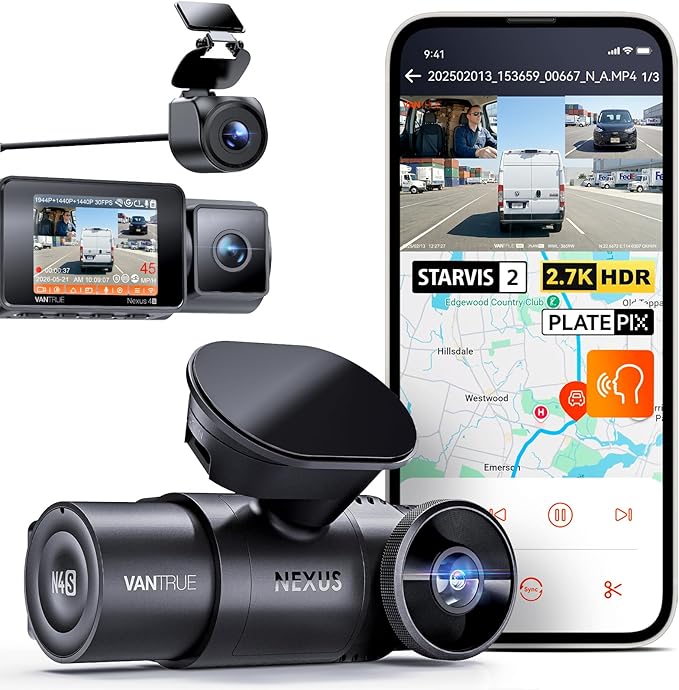 N4S 3 Channel Dash Cam for Delivery &Cargo Vans, 2.7K+1440P+1440P Front Inside Rear,PlatePix™,STARVIS 2 x HDR x IR Night Vision,Voice Control,GPS,24/7 Parking Mode,Supports 1TB Max