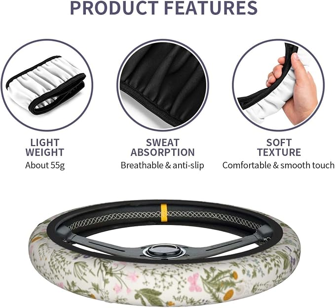 Flowers Colorful Floral Spring Steering Wheel Cover Car Accessories Cute for Women Girls Girly Universal 15 Inch Neoprene Auto Interior Decor Anti Slip Car Truck Protector