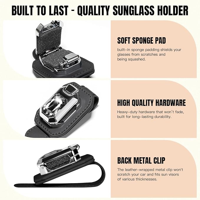 Sunglass Holder for Car Visor, Faux Leather Eyeglass Holder Clip for Car Sun Visor Organizer, Universal One Handed Operation Sun Glass Hanger, Car Interior Accessories for Women Man