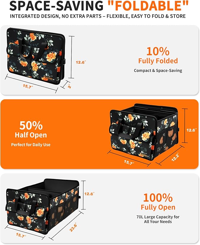 Sturdy Car Trunk Organizer – Large Capacity Trunk Organizer for SUVs & Sedans, Hard-Shell One-Piece Design with Cute Print, Collapsible and Durable Car Organizers (Flower 70L)
