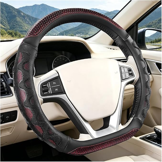 D-Shaped Car Steering Wheel Cover, 14.5-15" Anti-Slip Steering Wheel Protector with 3D Honeycomb Massage Grip, Comfortable Sporty Auto Interior Decor Accessories, Universal Fit (Black/Red)